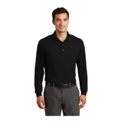 Port Authority Shirts: Men's K500LSP BLK Black Silk Touch Long Sleeve Pocket Polo Shirt