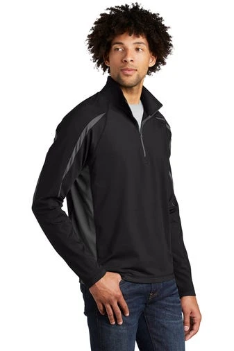 Sport-TeK Sweatshirts: Men's ST851 BCG Black Charcoal Grey Stretch 1/2-Zip Colorblock Pullover - Image 2
