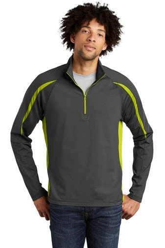 Sport-TeK Sweatshirts: Men's ST851 CGCG Charcoal Grey Charge Green Stretch 1/2-Zip Colorblock Pullover