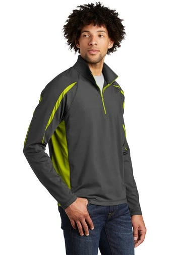 Sport-TeK Sweatshirts: Men's ST851 CGCG Charcoal Grey Charge Green Stretch 1/2-Zip Colorblock Pullover - Image 2