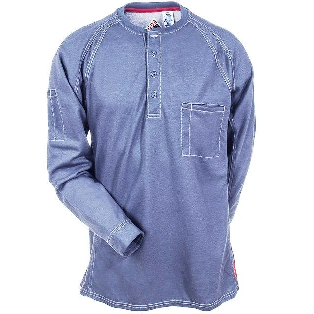 Bulwark Shirts: Men's Blue QT20 BL Flame-Resistant Long Sleeve Henley Shirt