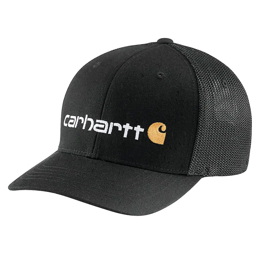 Carhartt Hats: 105353 N04 Black Rugged Flex Fitted Canvas Mesh-Back Logo Graphic Cap