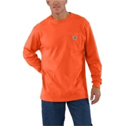 Carhartt Shirts: Men's K126 BOG Brite Orange Cotton Long Sleeve Work Shirt