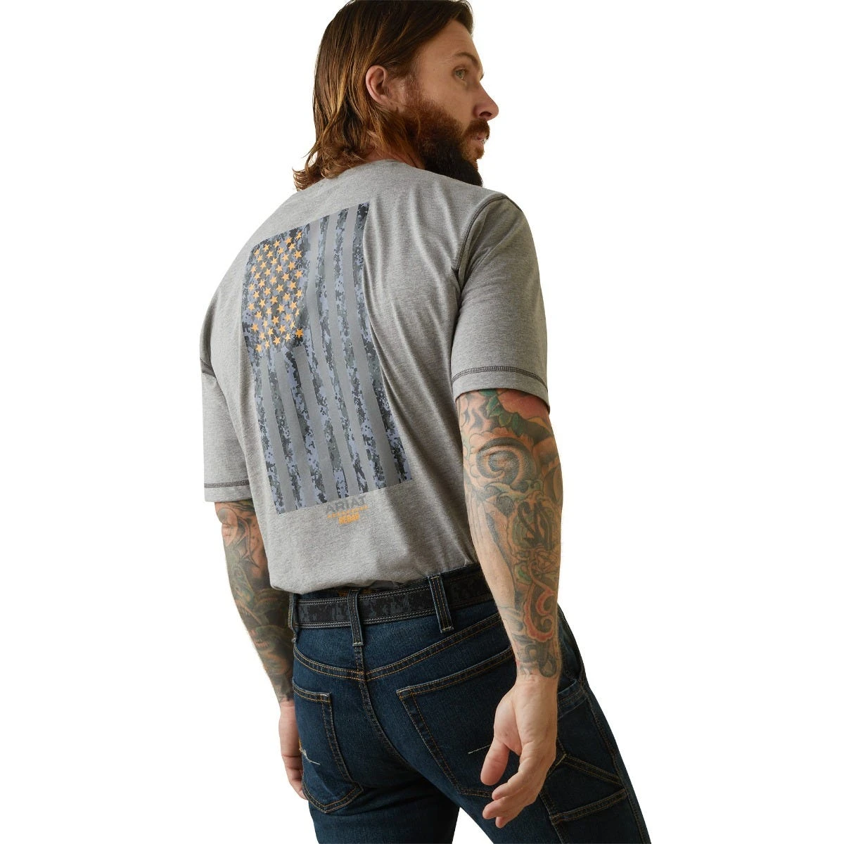 Ariat Rebar Shirts: Men's 10043324 Heather Grey Rebar Workman Reflective Flag T-Shirt