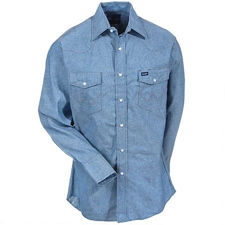 Wrangler Shirts: Men's Blue Chambray 70136 MW Cowboy Cut Long Sleeve Work Shirt - Image 3